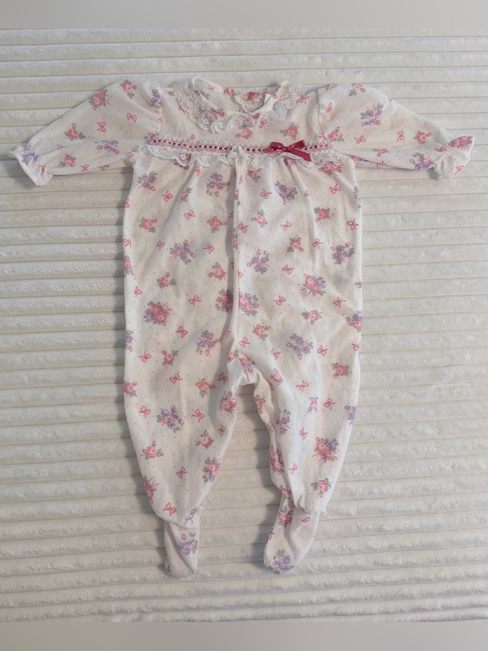 Vintage 90s Sears Floral Footed Sleeper Pink Lace Ribbon Trim Ruffle USA Newborn